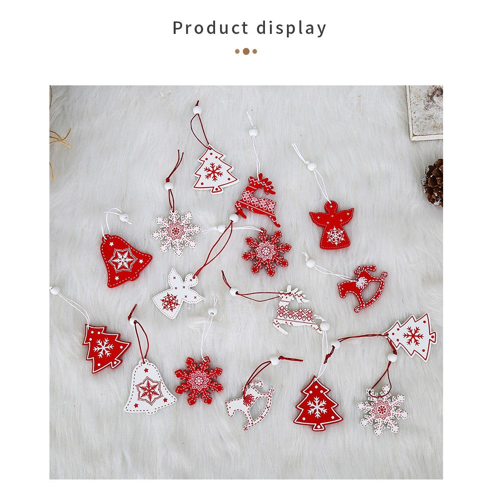 Set 12 Decoratiuni de Craciun din Lemn, Vivimall, cu Snur pentru Agatare in Brad, Model Reni si Fulgi de Nea, Alb-Rosu - vivimall.ro