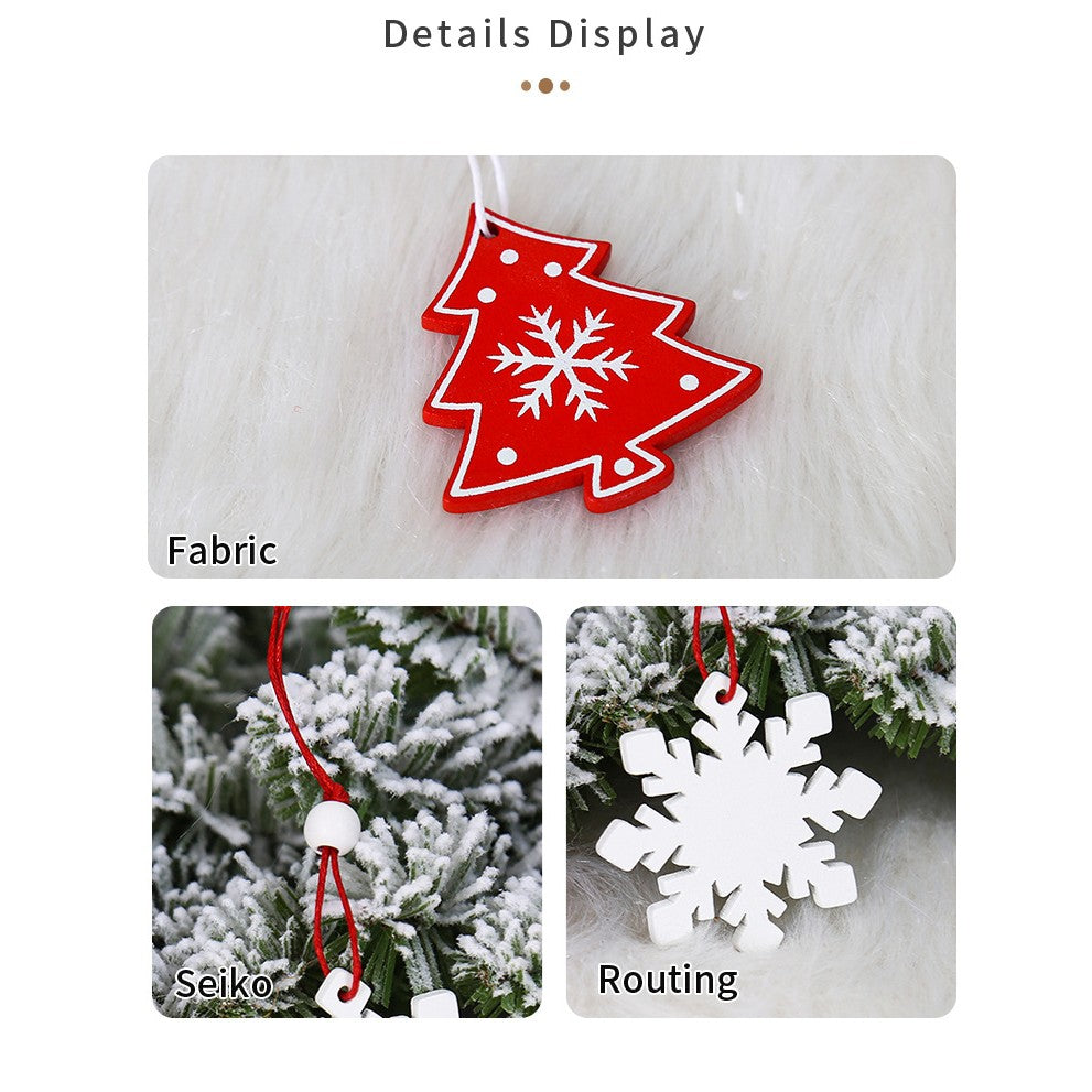 Set 12 Decoratiuni de Craciun din Lemn, Vivimall, cu Snur pentru Agatare in Brad, Model Reni si Fulgi de Nea, Alb-Rosu - vivimall.ro