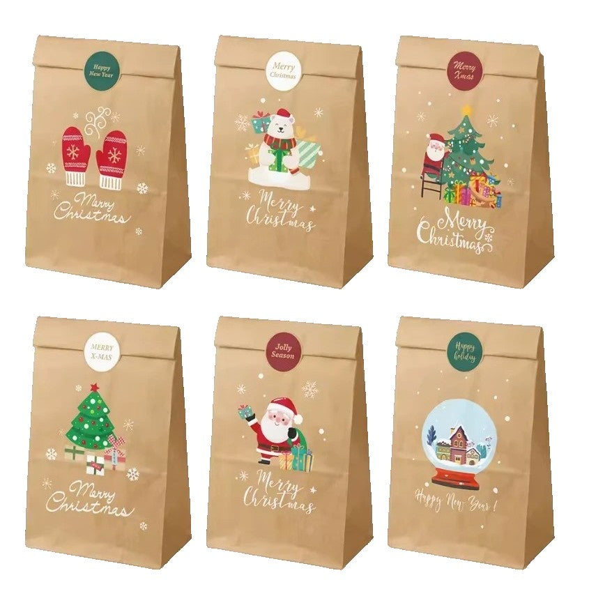 Set 12 Pungi de Cadou, Flippy, Tema Craciun, 12 Stickere Incluse, 22 x 12 x 8 cm, din Hartie, Maro - vivimall.ro