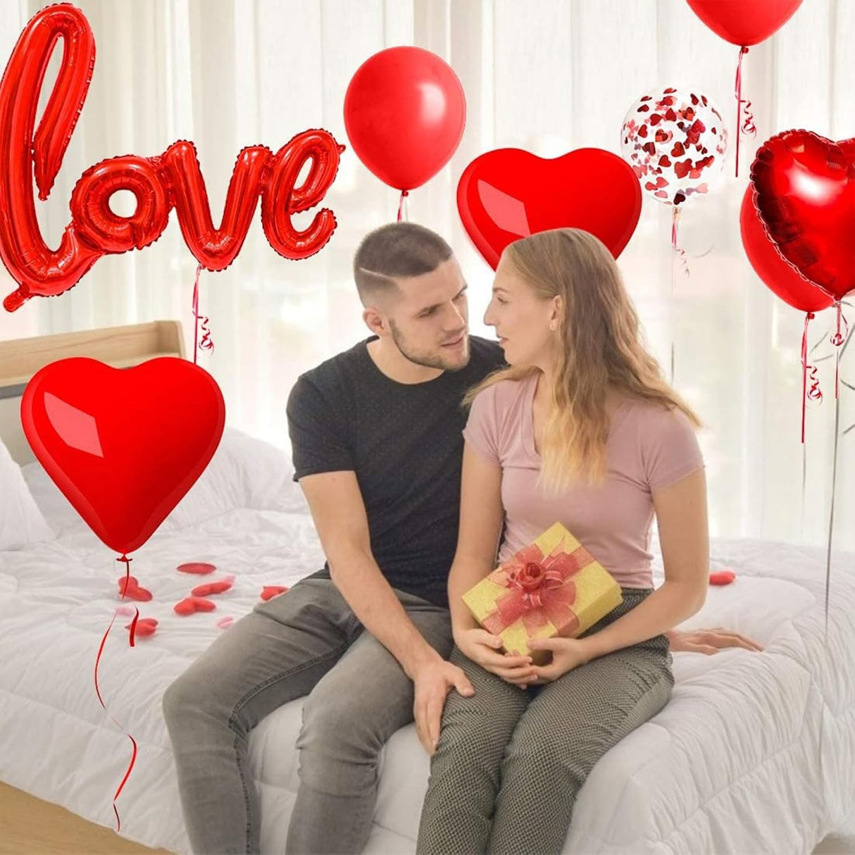 Set 13 Baloane din Folie Metalizata si din Latex, Vivimall, Figurine Litere si Inima, Model Love, Tema Ziua Indragostitilor, Baloane Party cu Confetti, 102x65cm, 45 cm, 30 cm, Pai Inclus, Umflare cu Aer sau Heliu, Rosu - vivimall.ro