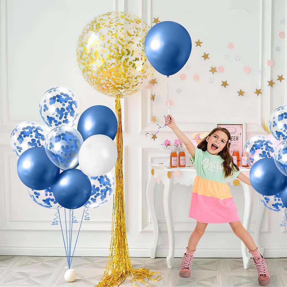 Set 16 Baloane din Latex Metalizate, Vivimall, Model Party, 30 cm, Alb, Albastru, Albastru Chrome, Transparent Confetti 2.8 g - vivimall.ro