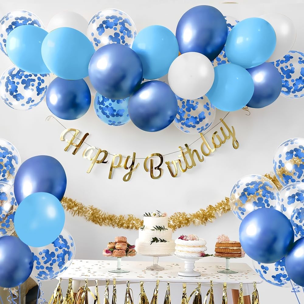 Set 16 Baloane din Latex Metalizate, Vivimall, Model Party, 30 cm, Alb, Albastru, Albastru Chrome, Transparent Confetti 2.8 g - vivimall.ro