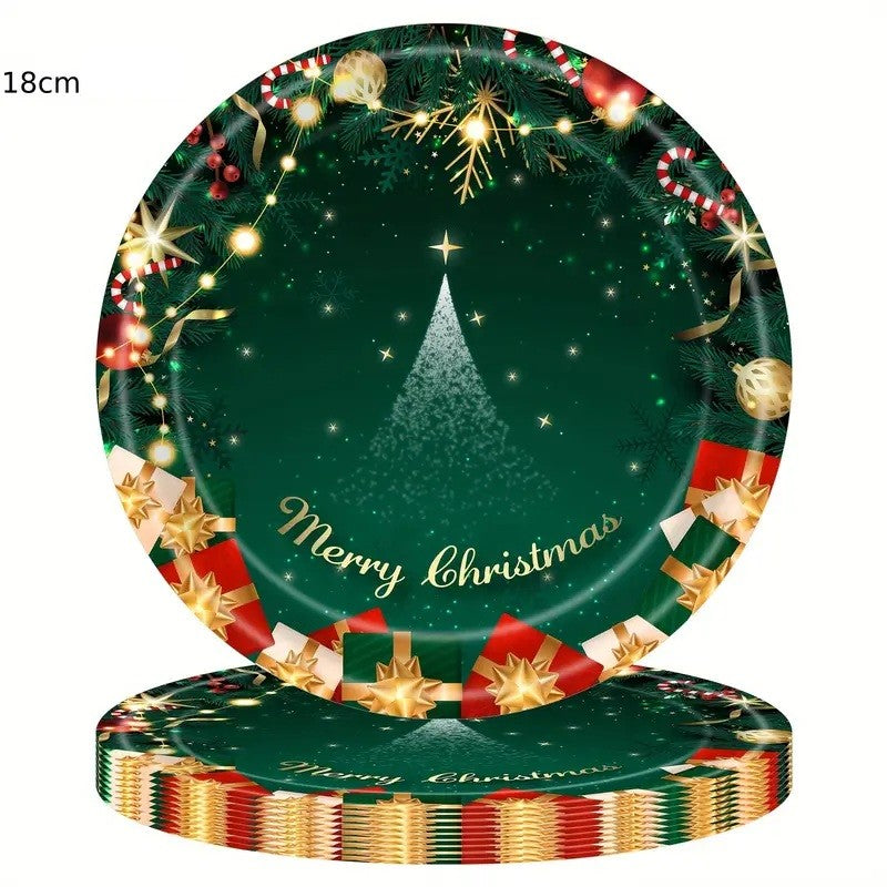 Set 16 Farfurii de Unica Folosinta, Vivimall, Model Brad de Craciun Merry Christmas, Tematica Craciun, 18 cm, Verde - vivimall.ro