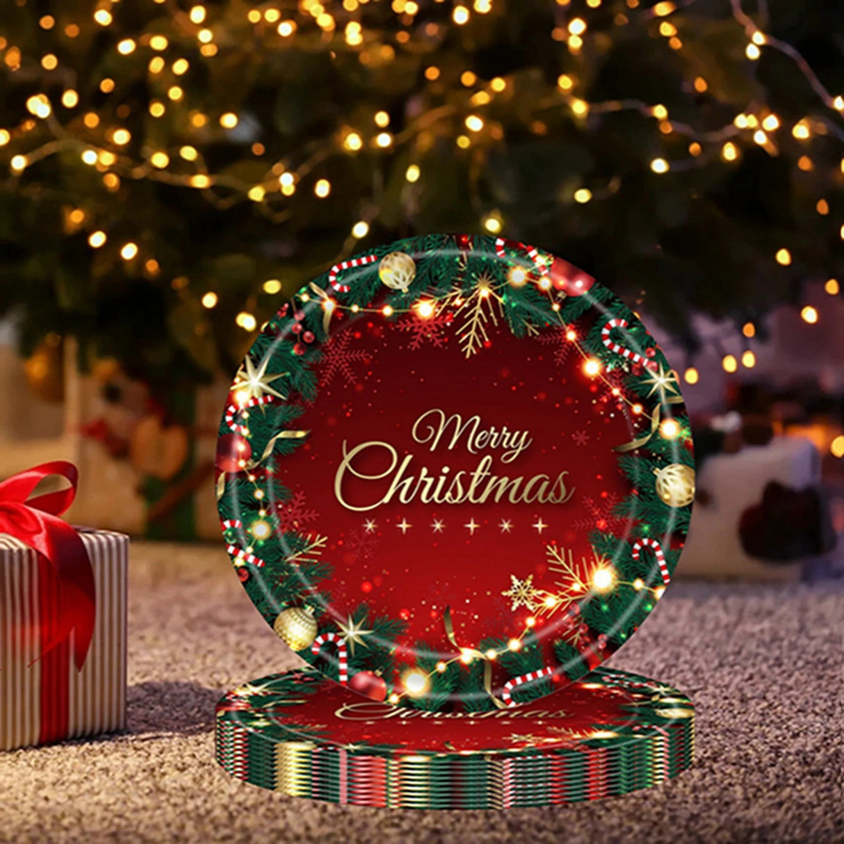 Set 16 Farfurii de Unica Folosinta, Vivimall, Model Merry Christmas, Tematica Craciun, 23 cm, Rosu/Verde - vivimall.ro