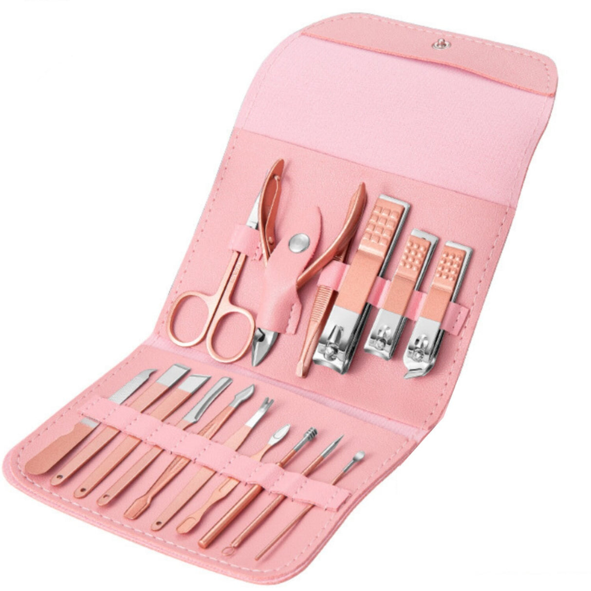 Set 16 Piese de Ingrijire Cosmetica, Vivimall, pentru Manichiura, Pedichiura, Fata, Geanta Organizatoare din Piele Ecologica Inclusa, Roz - vivimall.ro