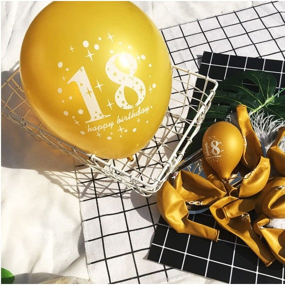 Set 18 Baloane Majorat, Vivimall, din Latex, Metalizate, Mesaj 18 Happy Birthday, 30 cm, cu Confetti, Auriu/Negru - vivimall.ro