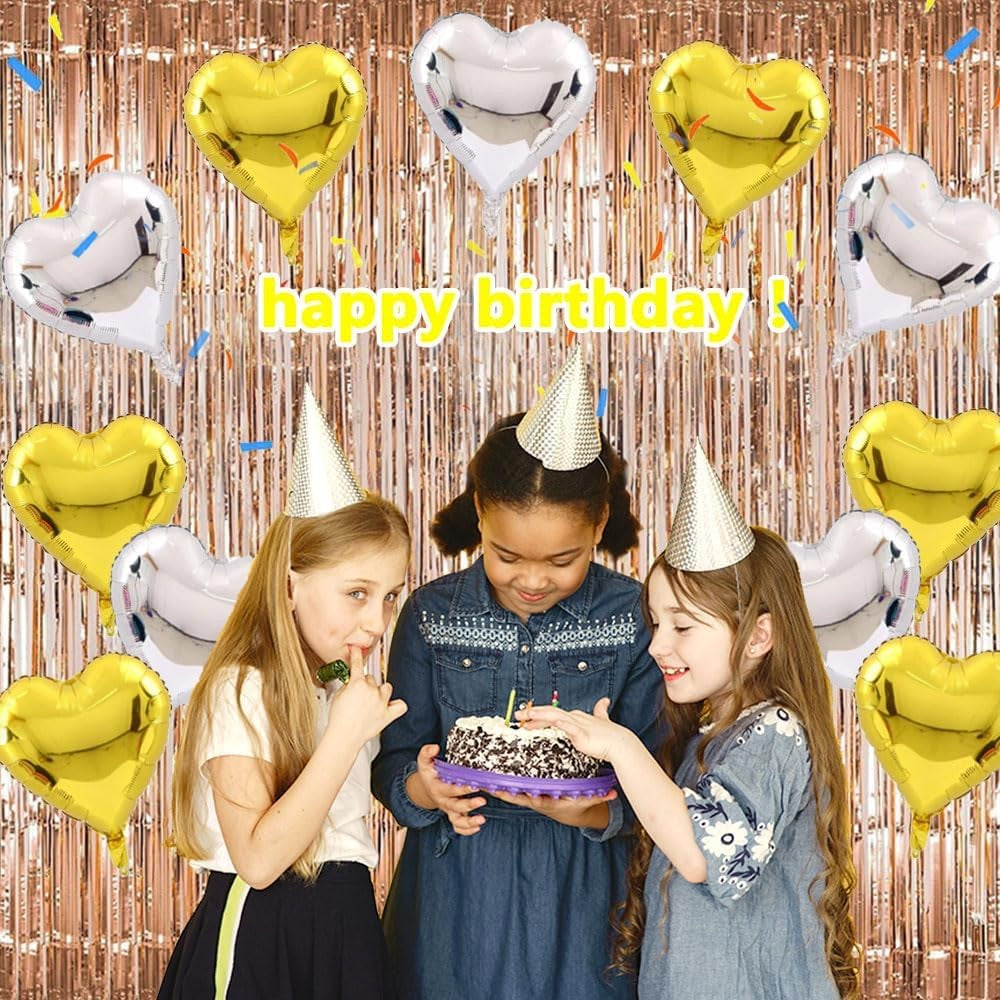 Set 2 Baloane din Folie Metalizata, Vivimall, Model Inimi, Tema Ziua Indragostitilor, 45 cm, Ambalaj Individual, Pai Inclus, Umflare cu Aer sau Heliu, Argintiu/Auriu - vivimall.ro