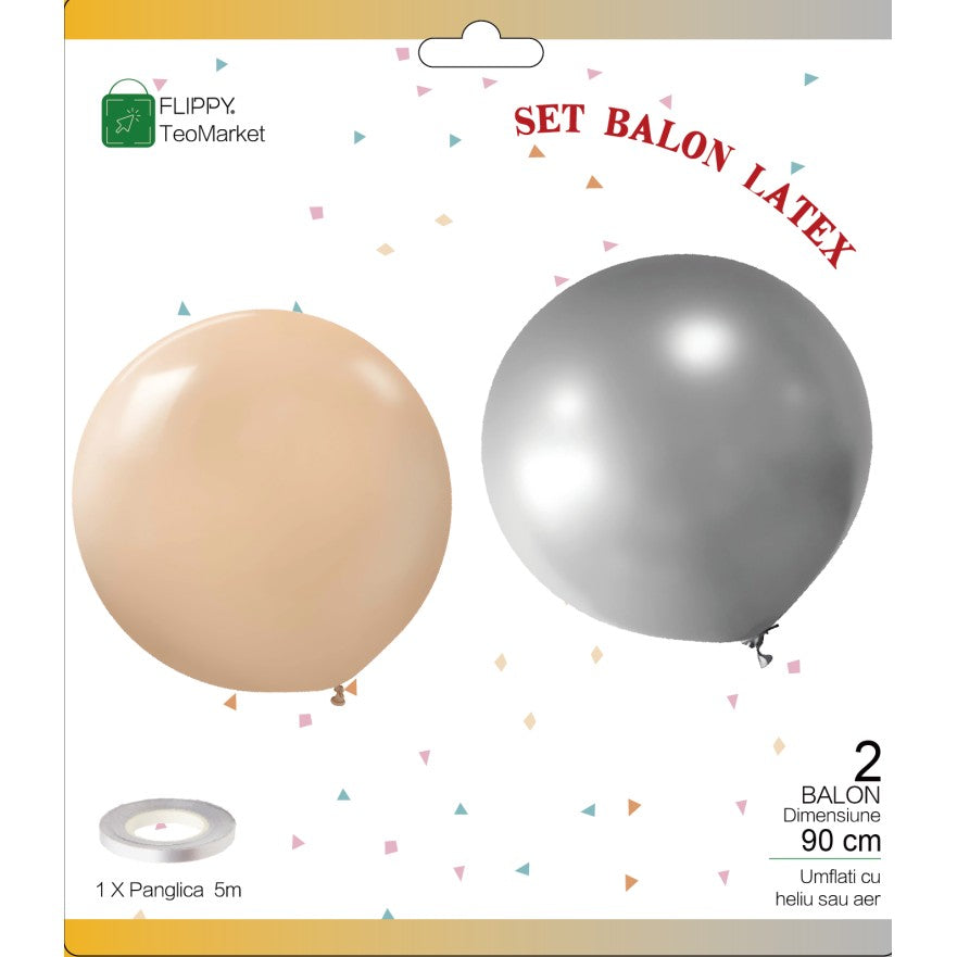 Set 2 Baloane din Latex, Vivimall, Model Party Jumbo, 90 cm, Auriu Argintiu, 35 g - vivimall.ro