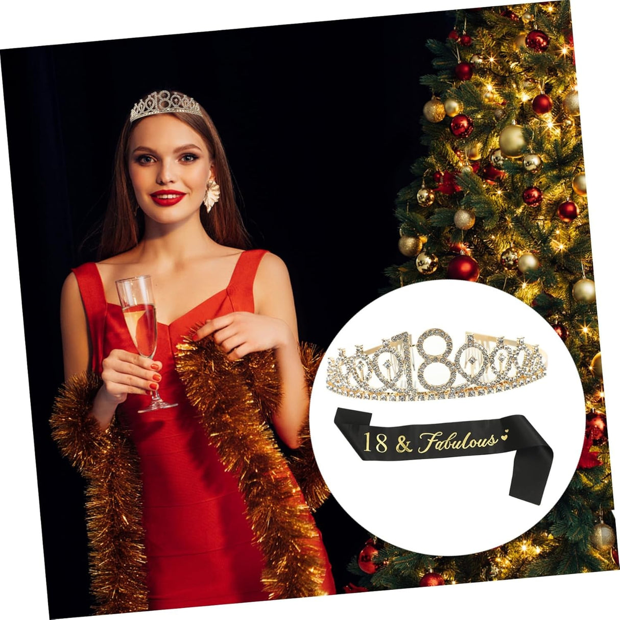 Set 2 Piese pentru Majorat, Vivimall, 15 x 13 x 5 cm, Coronita Printesa Gold si Panglica 18&Fabulous, Negru - vivimall.ro