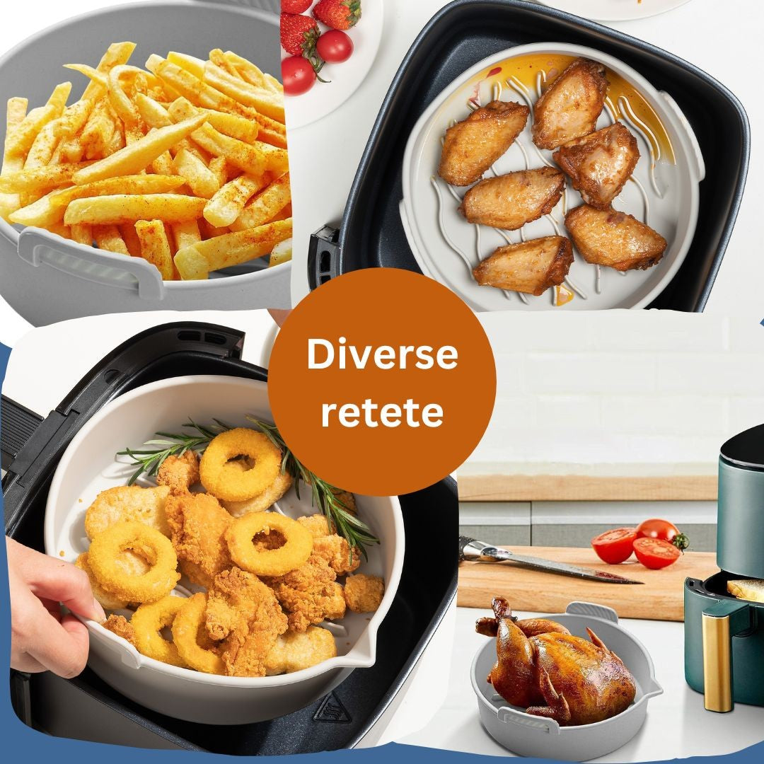 Set 2 tavi din silicon ecologic pentru air fryer Vivimall, temperatura maxima 230 grade, reutilizabile, reciclabile, cu manere anti-alunecare, fund antiaderent, 18.7 x 19.5 x 7 cm, gri - vivimall.ro