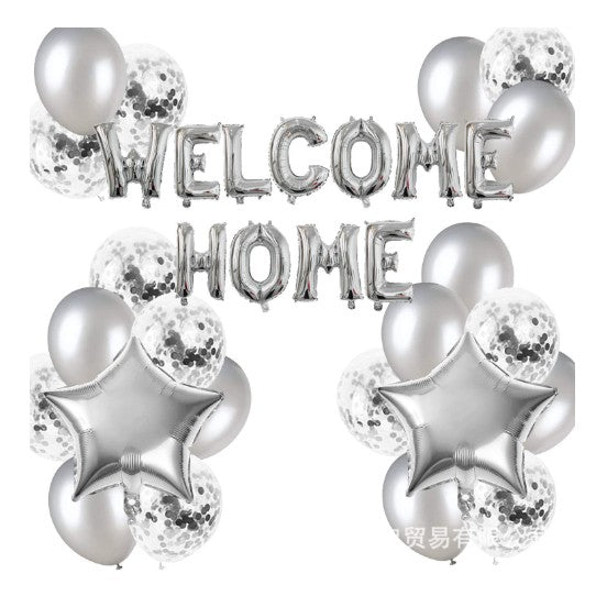 Set baloane Welcome Home 22 piese, latex și folie stea argintiu, vedere de ansamblu a întregului set decorativ