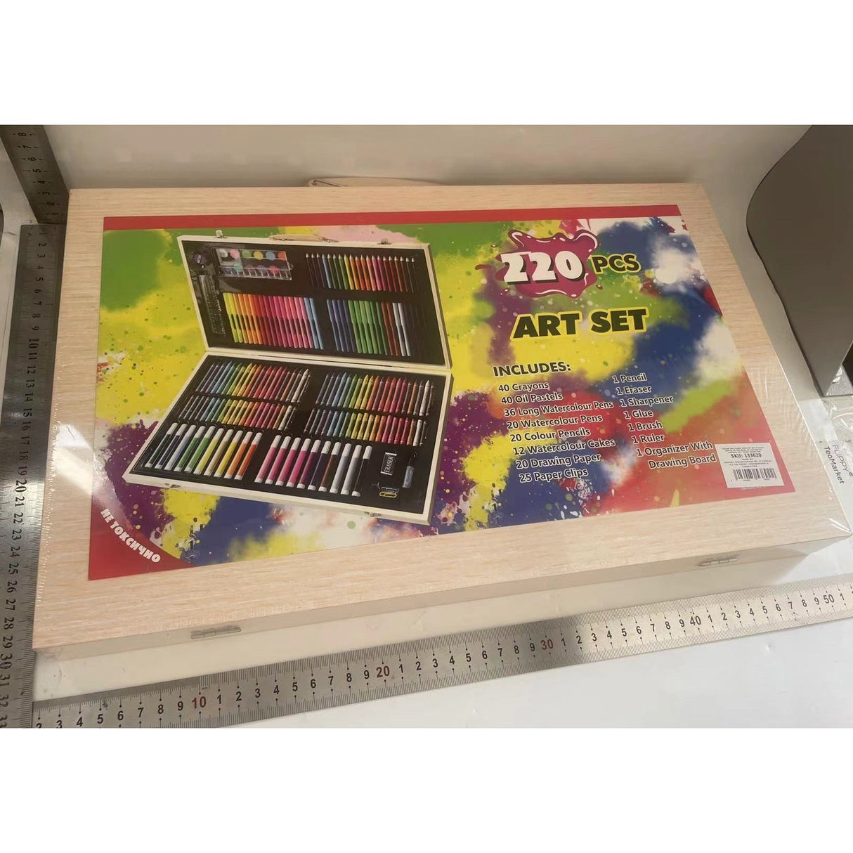 Set 220 Piese pentru Desen si Pictura, Vivimall, Tip Servieta din Lemn, Model Natur, 48 x 30 x 5 cm, Multicolor - vivimall.ro