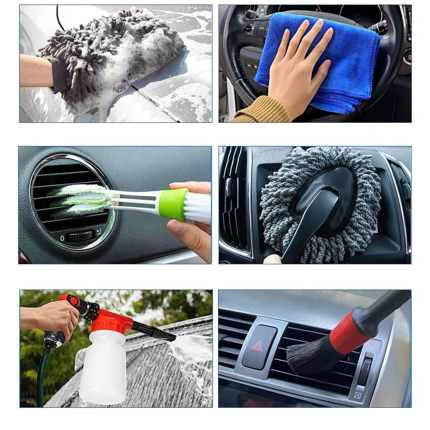 Set 25 Accesorii pentru Curatare Auto, Vivimall, din PP si Microfibra, Interior/Exterior, 30 x 24 x 12 cm, Albastru/Negru - vivimall.ro