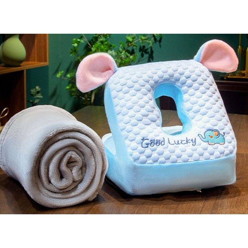 Set 2in1 Patura Microfibra si Perna din Spuma, Vivimall, pentru Birou, Calatorii, Pauze, Model Elefant, Microfibra, 1x1.7 m, 30x35x30 cm, Albastru - vivimall.ro