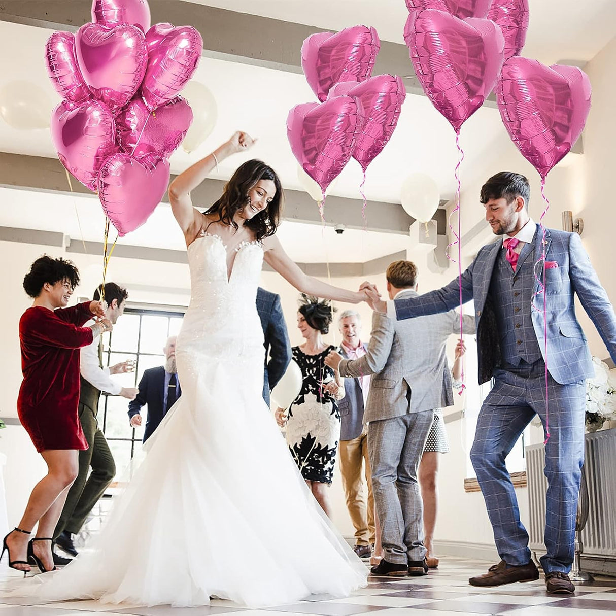 Set 3 Baloane din Folie Metalizata, Vivimall, Figurina Inima, Tema Ziua Indragostitilor, 45 cm, Ambalaj Individual, Pai Inclus, Umflare cu Aer sau Heliu, Roz - vivimall.ro