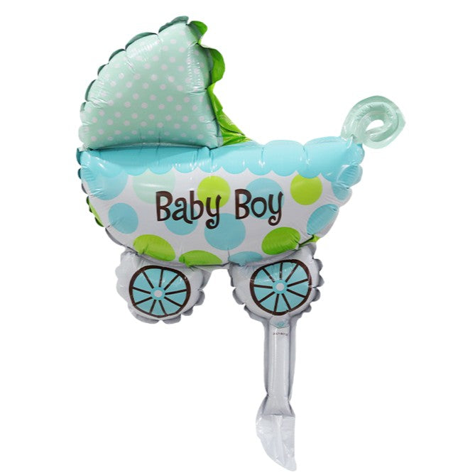 Set 3 Baloane din Folie Metalizata, Vivimall, Figurine Carucior, Inima, Fundita, Tema Botez, 45 cm, Ambalaj Individual, Pai Inclus, Umflare cu Aer sau Heliu, Albastru - vivimall.ro