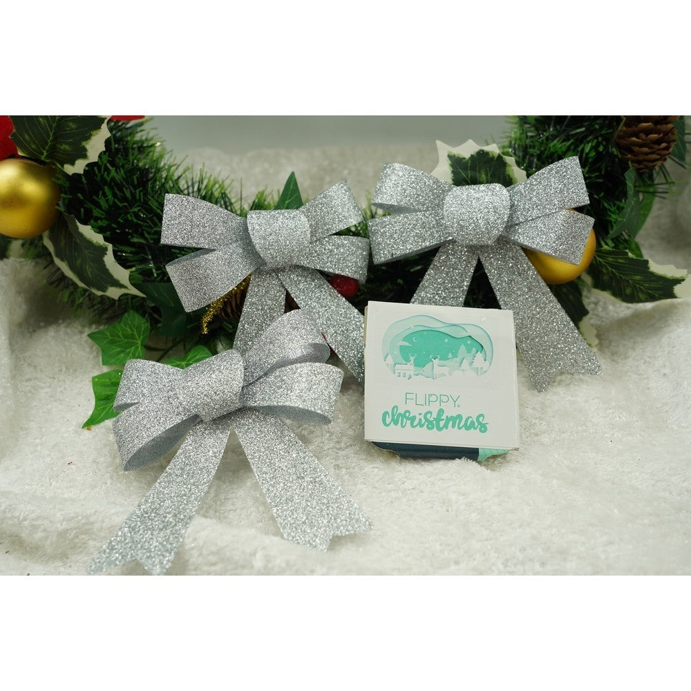 Set 3 fundite pentru brad, Argintii, cu sclipici, 10 x 11 cm, din poliester, Vivimall - vivimall.ro