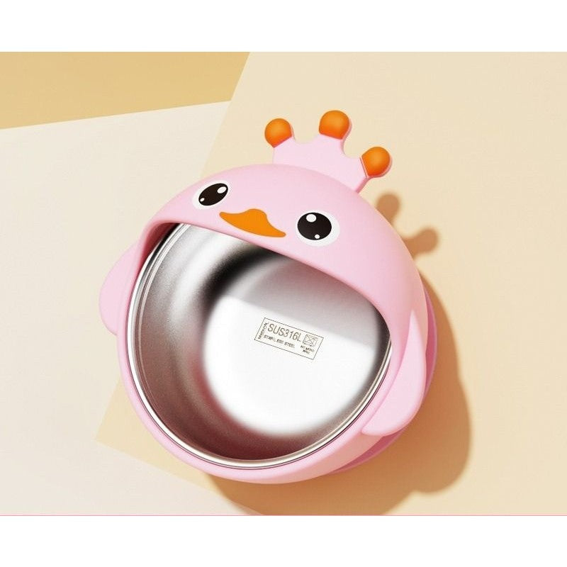 Set 3 Piese Diversificare Bebelusi si Copii, Vivimall, Bol, Lingura si Furculita, Model Ratusca, din Silicon si Otel Inoxidabil, Roz - vivimall.ro