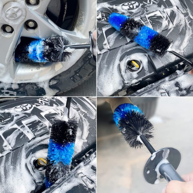 Set 3 Piese pentru Cosmetica Auto, Vivimall, din Plastic si Otel, Maner Ergonomic, Perie Butuc, Anvelope, Detalii, Albastru - vivimall.ro