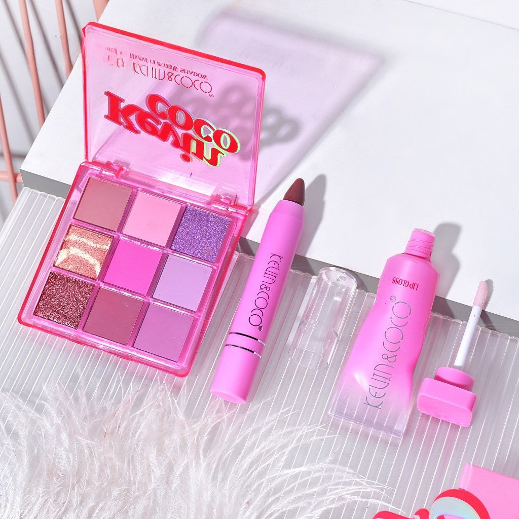 Set 3 Produse de Machiaj, KEVIN & COCO, Pink Ice Star, 9 culori, 15.5 x 13 x 3.4 cm - vivimall.ro
