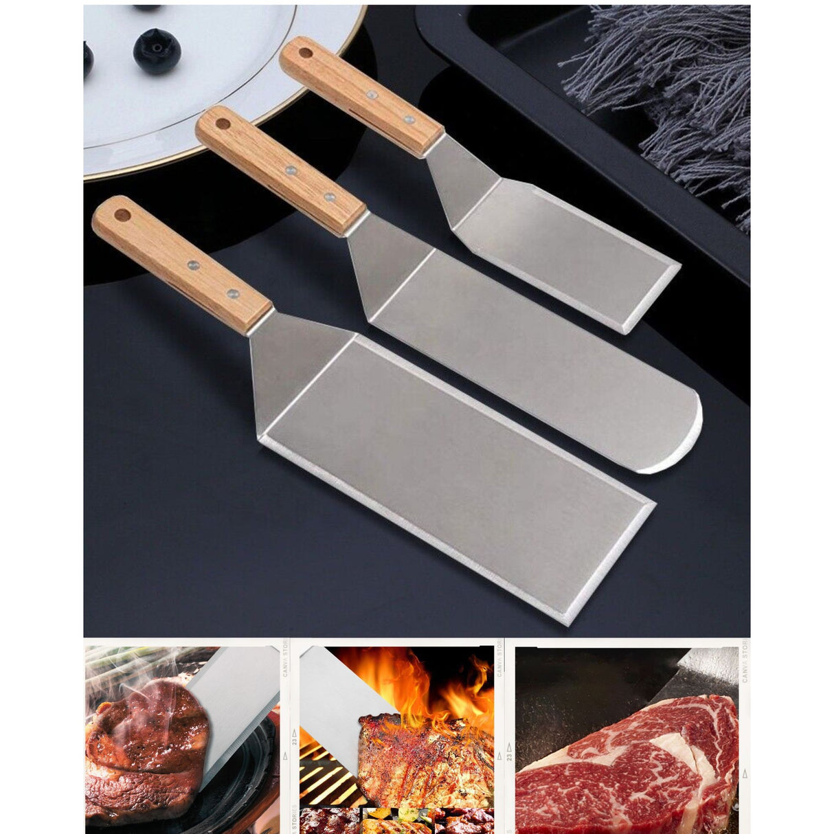 Set 3 spatule pentru gratar Vivimall, din metal, margini subtiri, suprafata antiaderenta, rezistente la temperaturi ridicate, maner ergonomic din lemn, 3 forme, agatatoare, gri - vivimall.ro