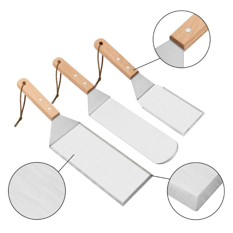 Set 3 spatule pentru gratar Vivimall, din metal, margini subtiri, suprafata antiaderenta, rezistente la temperaturi ridicate, maner ergonomic din lemn, 3 forme, agatatoare, gri - vivimall.ro