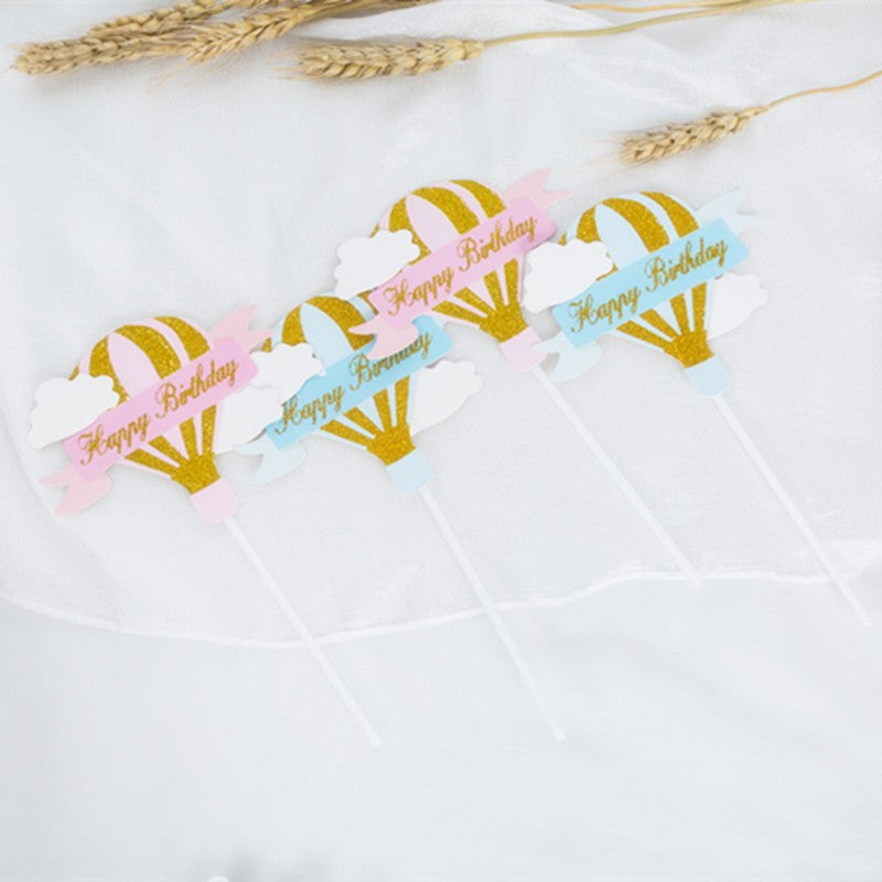 Set 3 Toppere pentru Tort, Vivimall, Model Balon cu Aer Cald Happy Birthday, Tematica Aniversare, Albastru - vivimall.ro