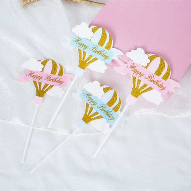 Set 3 Toppere pentru Tort, Vivimall, Model Balon cu Aer Cald Happy Birthday, Tematica Aniversare, Albastru - vivimall.ro