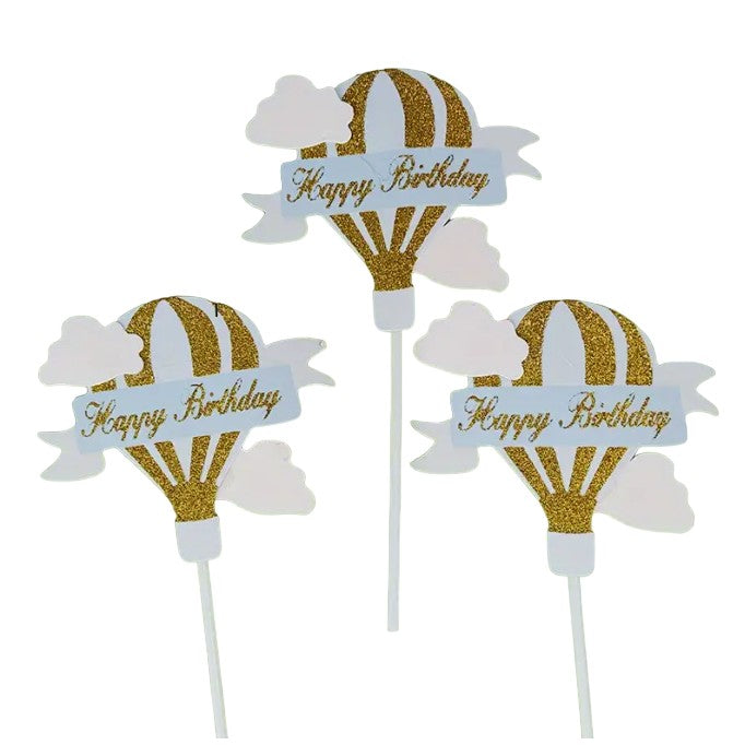 Set 3 Toppere pentru Tort, Vivimall, Model Balon cu Aer Cald Happy Birthday, Tematica Aniversare, Albastru - vivimall.ro