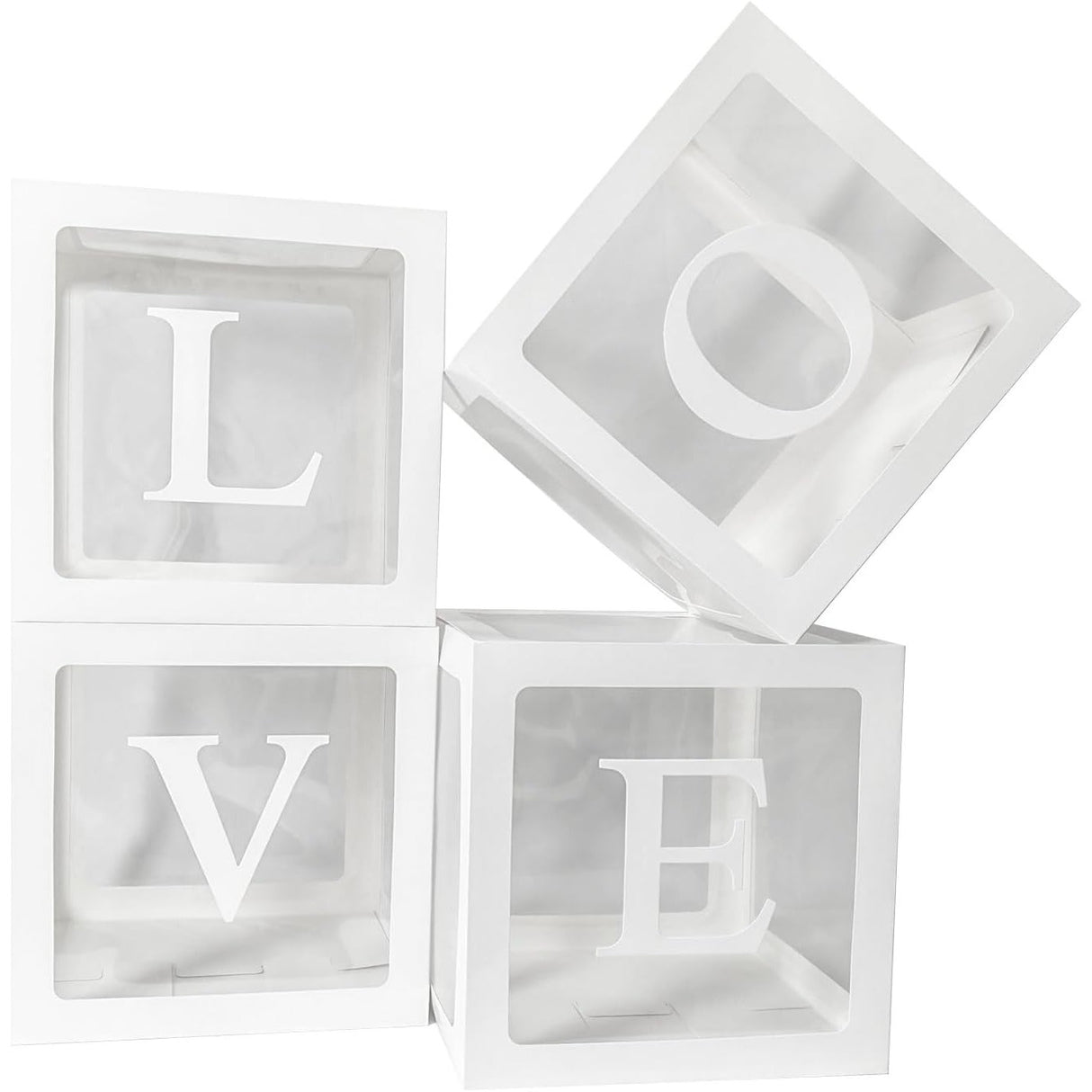 Set 4 Cutii pentru Baloane, Vivimall, Model Scris Love, Tematica Iubire, Cuburi Decorative din Plastic, Accesorii pentru Petrecere, 30 x30 cm, Transparente Contur Alb - vivimall.ro