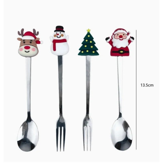 Set 4 Tacamuri, Vivimall, cu Figurine de Craciun, din Otel Inoxidabil, 2 Furculite, 2 Linguri, Cutie Festiva, 13.5 cm, Rosu - vivimall.ro