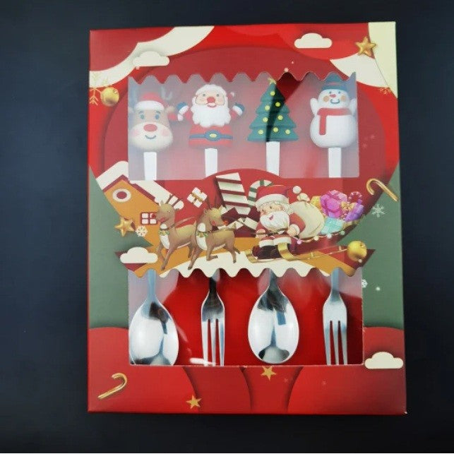 Set 4 Tacamuri, Vivimall, cu Figurine de Craciun, din Otel Inoxidabil, 2 Furculite, 2 Linguri, Cutie Festiva, 13.5 cm, Rosu - vivimall.ro