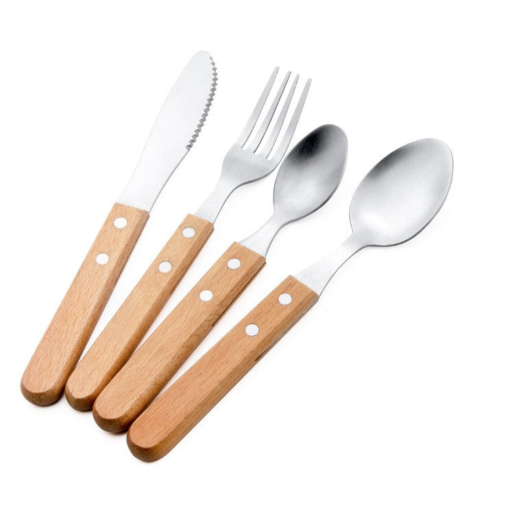 Set 4 tacamuri pentru masa Vivimall, otel 304, lingura, lingurita desert, cutit, furculita, maner din lemn de fag, 20 x 4 x 2 cm, gri - vivimall.ro