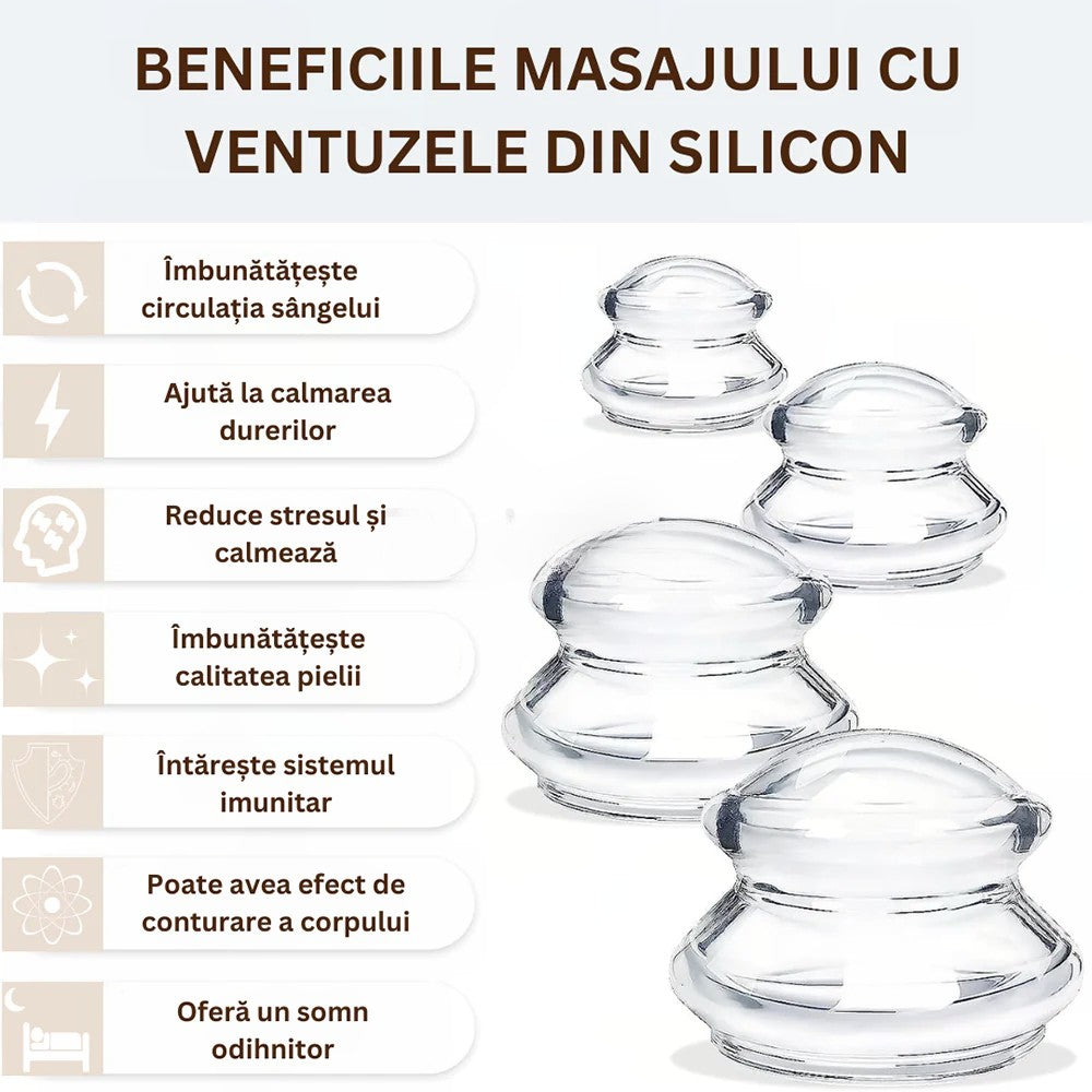 Set 4 Ventuze de Cupping, Vivimall, Pentru Masaj Anticeluluitic, din Silicon, Alb Transparent - vivimall.ro