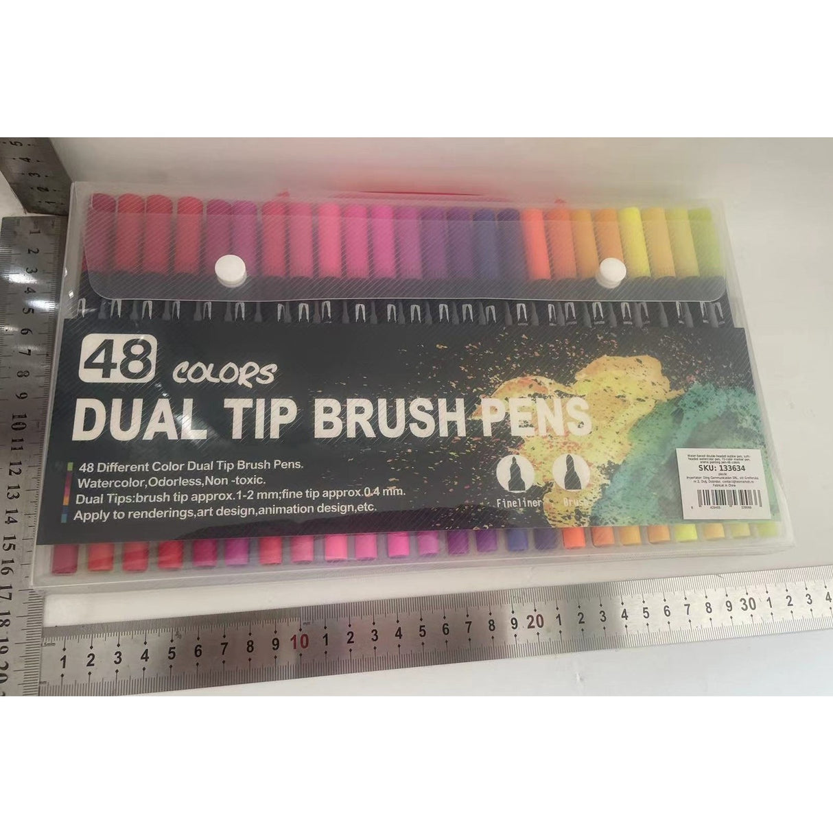 Set 48 Carioci, Vivimall, pe Baza de Apa, 2 Tipuri de Varf, 1-2 mm, 0.4 mm, Corp Carioca Negru, din Plastic, Multicolor - vivimall.ro