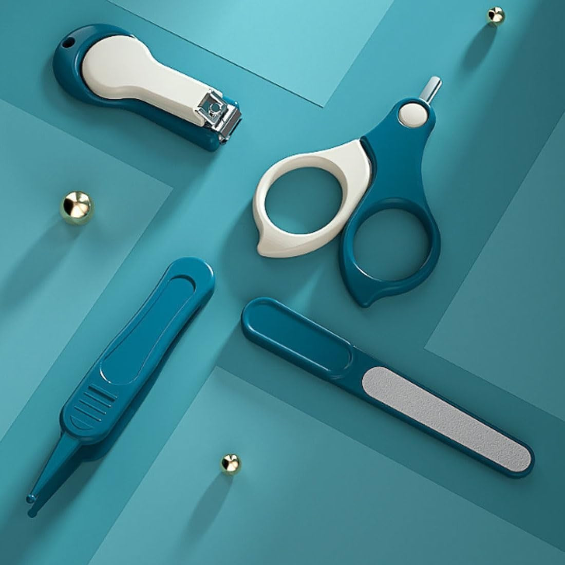 Set 4in1 de Ingrijire Unghii pentru Bebelusi, Vivimall, Cutie de Depozitare Transparenta, 0-6 Ani, 13.6x8x2 cm, Albastru Marin - vivimall.ro