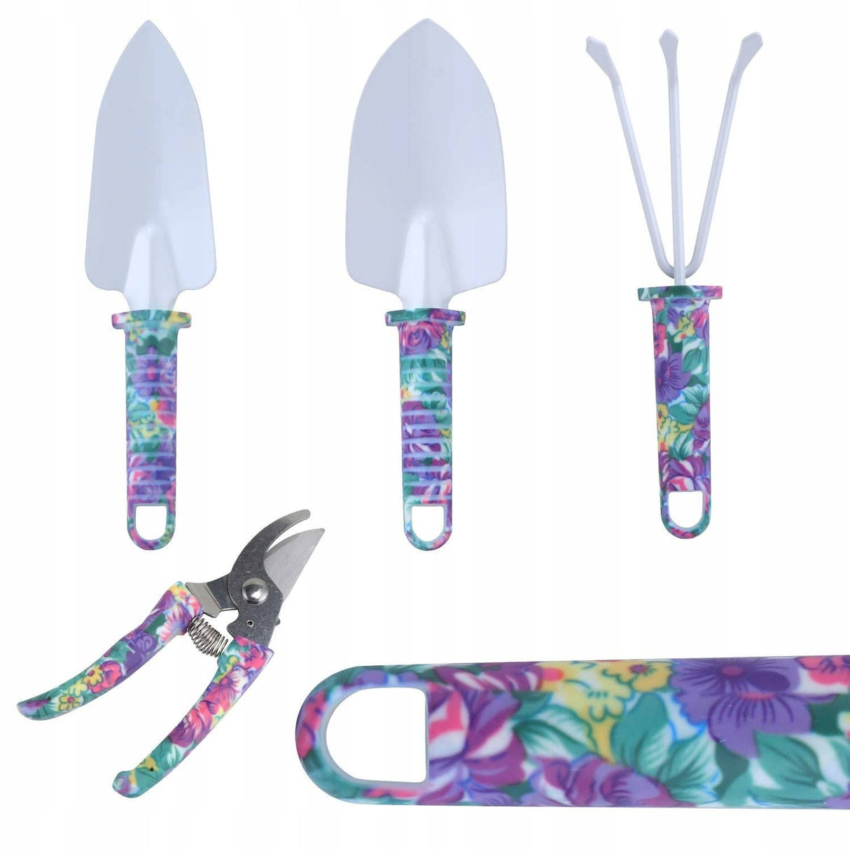 Set 5 accesorii pentru gradinarit Vivimall, geanta depozitare inclusa, otel inoxidabil, 38 x 29 cm, mov - vivimall.ro