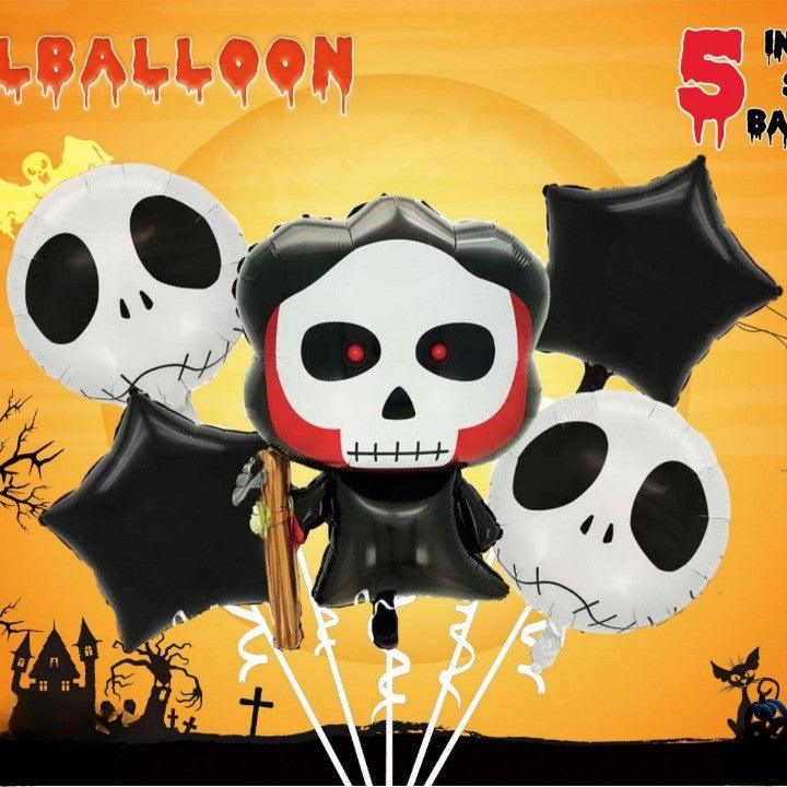 Set 5 Baloane din Folie Metalizata, Vivimall, Figurine, Tema Halloween, Pai Inclus, Ambalaj Individual, Umflare cu Aer sau Heliu, Figurina Craniu 50.5x74 cm, Stelute si Cerculete 45 cm, Alb-Negru - vivimall.ro