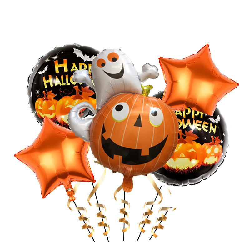 Set 5 Baloane din Folie Metalizata, Vivimall, Figurine, Tema Halloween, Pai Inclus, Ambalaj Individual, Umflare cu Aer sau Heliu, Figurina Dovleac cu Fantoma 64x80 cm, Stelute si Cerculete 45 cm, Multicolor - vivimall.ro
