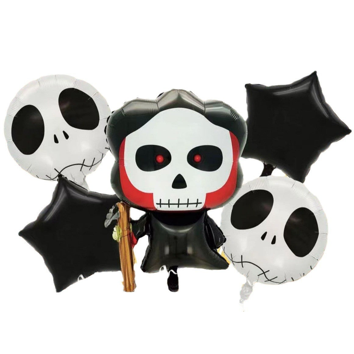 Set 5 Baloane din Folie Metalizata, Vivimall, Figurine, Tema Halloween, Pai Inclus, Ambalaj Individual, Umflare cu Aer sau Heliu, Figurina Craniu 50.5x74 cm, Stelute si Cerculete 45 cm, Alb-Negru - vivimall.ro