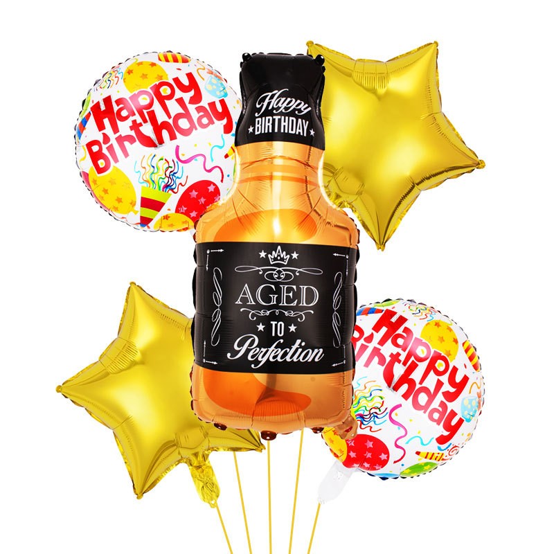 Set 5 Baloane din Folie Metalizata, Vivimall, Figurine Sticla de Bautura, Model Stele, Tema Aniversare, Pai Inclus, Ambalaj Individual, Umflare cu Aer sau Heliu, Multicolor - vivimall.ro