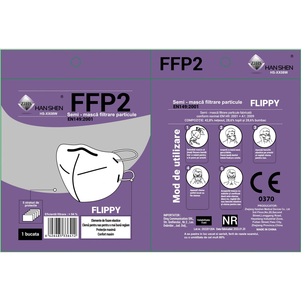 Set 5 bucati Masca de protectie faciala, Flippy®️, de unica folosinta, FFP2 CE 2163, 5 straturi, nesterila, ambalaj individual, Alb - vivimall.ro