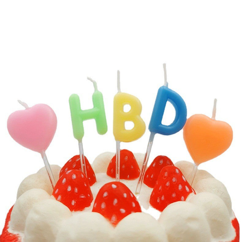 Set 5 Lumanari de Tort, Vivimall, Model Inimi, Litere HBD, 1.8 x 2.7 cm, din Ceara, Multicolor - vivimall.ro