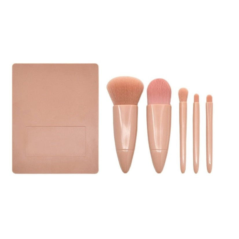 Set 5 Mini Pensule De Machiaj, Portabile, In Carcasa Cu Oglinda, Din Par Sintetic Moale, Roz Pastel, 12X7X2.5 Cm - vivimall.ro