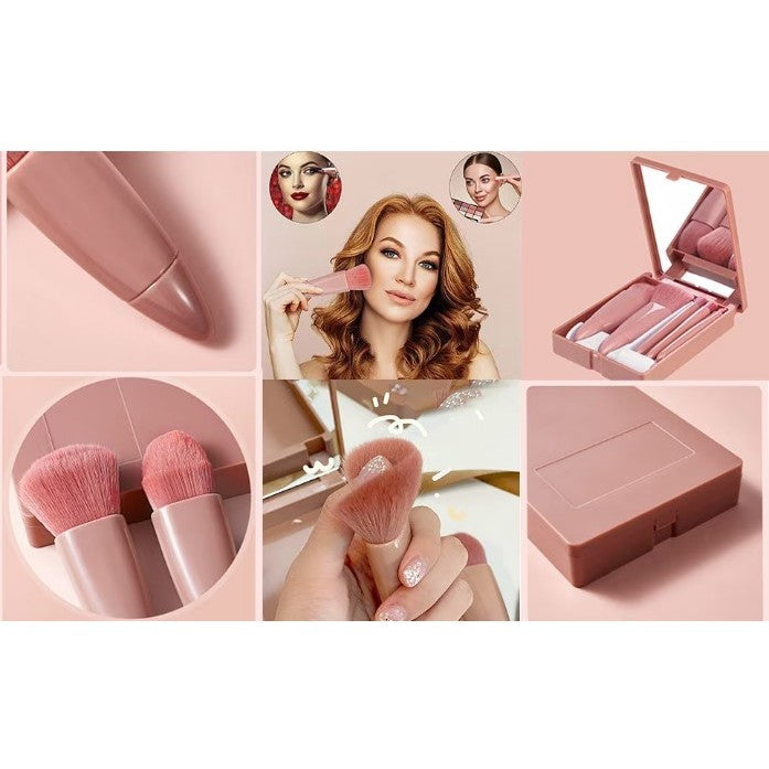 Set 5 Mini Pensule De Machiaj, Portabile, In Carcasa Cu Oglinda, Din Par Sintetic Moale, Roz Pastel, 12X7X2.5 Cm - vivimall.ro