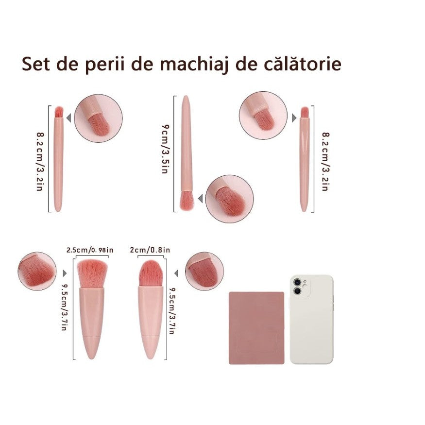 Set 5 Mini Pensule De Machiaj, Portabile, In Carcasa Cu Oglinda, Din Par Sintetic Moale, Roz Pastel, 12X7X2.5 Cm - vivimall.ro
