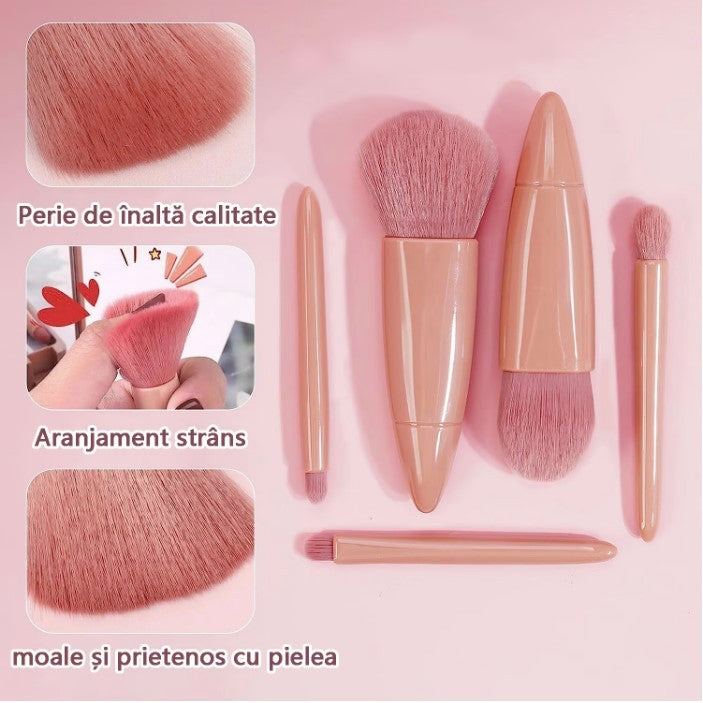Set 5 Mini Pensule De Machiaj, Portabile, In Carcasa Cu Oglinda, Din Par Sintetic Moale, Roz Pastel, 12X7X2.5 Cm - vivimall.ro