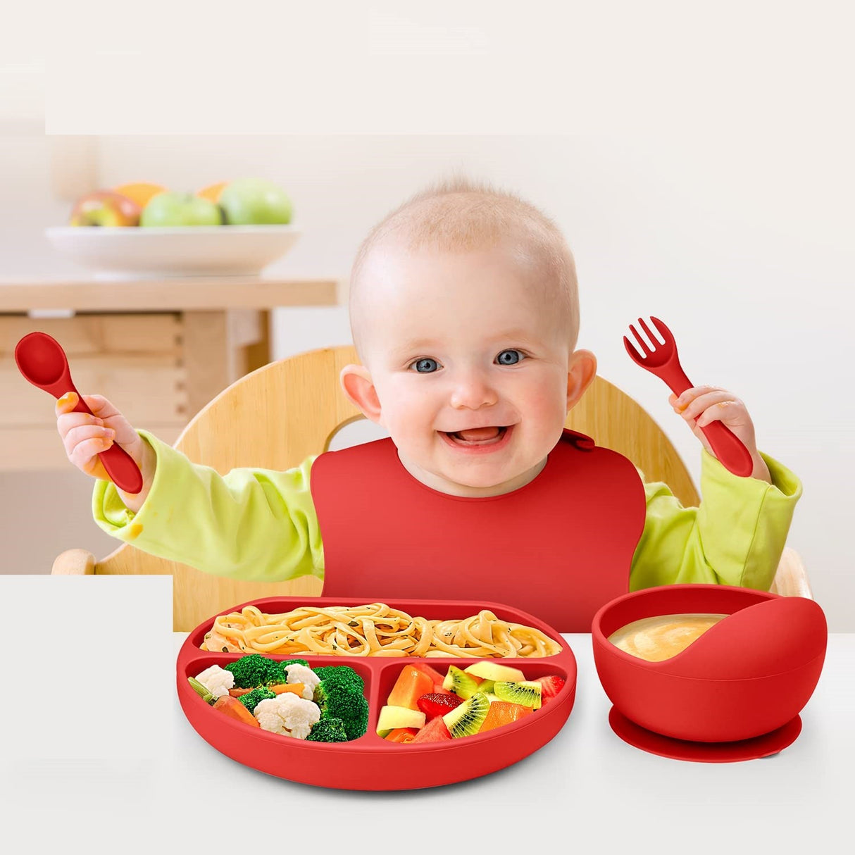Set 5 piese diversificare bebelusi si copii din silicon Vivimall, baveta, farfurie compartimentata cu ventuza, bol cu ventuza, tacamuri, fara alergeni, rosu - vivimall.ro