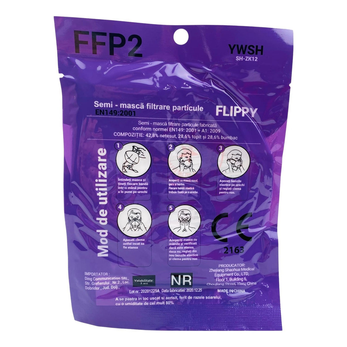 Set 50 bucati Masca de protectie faciala, Flippy®️, de unica folosinta, FFP2 CE 2163, 5 straturi, nesterila, ambalaj individual, Alb - vivimall.ro