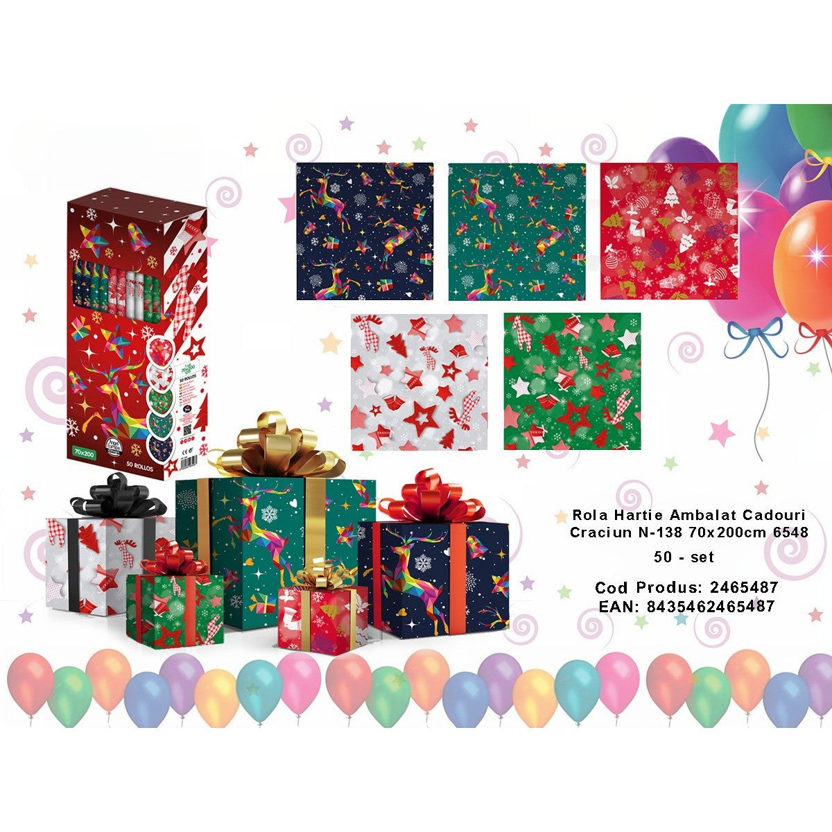 Set 50 role hartie ambalat cadouri Craciun, 70x200 cm, 5 modele - vivimall.ro